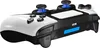 A white, black, and blue video game controller is shown from a side-diagonal angle against a white background. Produktbild-Vorschau