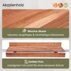 Image displays details about Akazienholz (acacia wood) product, showing wood grain and a product detail. Produktbild-Vorschau