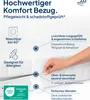 A close-up view of a mattress cover with various features highlighted by text callouts and icons. Produktbild-Vorschau