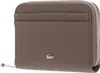 A close-up, front-facing view of a taupe Lacoste coin wallet. Voir les images du produit