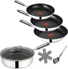 A set of Tefal frying pans and a saucepan with a lid, along with a spatula and a pot holder. Produktbild-Vorschau