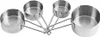 A set of four stainless steel measuring cups arranged in a fan shape against a white background. Podgląd zdjęcia produktu