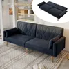 A dark gray velvet sofa with diamond tufting is shown in a living room setting, with a smaller inset image showing the sofa in its bed configuration. Voir les images du produit