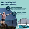 A young woman is jumping on a trampoline, with text overlays describing the product's features. Produktbild-Vorschau