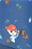 A blue background with a repeating pattern of pirate-themed illustrations, including a pirate looking through a telescope, treasure chests, palm trees, and bottles. Produktbild-Vorschau