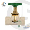 A cutaway view of a brass valve with a green handle, showing internal components and a small green outlet. Náhled obrázku produktu
