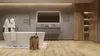 A modern, minimalist bathroom with a freestanding bathtub, a wooden vanity, and natural wood shelving. Anteprima dell’immagine prodotto