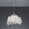 A pendant light fixture with a metallic frame and white leaf-shaped accents, hanging from a ceiling. Produktbild-Vorschau