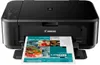 A black Canon Pixma MG3650S printer is shown from the front, printing a document. Podgląd zdjęcia produktu