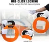 Hands wearing white gloves are holding and demonstrating a fish tape tool with an orange reel and black handle, with text overlays highlighting features. Produktbild-Vorschau