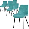 A set of six teal dining chairs with black metal legs, arranged on a white background.