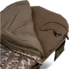 A close-up view of a sleeping bag with a camouflage pattern on the inside and a solid brown exterior. Náhľad obrázku produktu