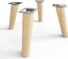 Four wooden furniture legs with metal mounting plates are arranged on a white background. Produktbild-Vorschau