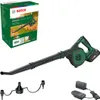 A Bosch leaf blower and its accessories are displayed on a white background, with the product's packaging in the upper left corner. Produktbild-Vorschau