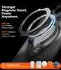 A close-up marketing image showing a magnetic phone accessory attached to a phone, with text highlighting features and compatible accessories. Produktbild-Vorschau