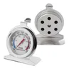 Two stainless steel oven thermometers shown on a white background. One thermometer is shown from the front, displaying its dial and needle, while the other is shown from the back, highlighting its heat vents. Produktbild-Vorschau