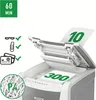 A close-up view of a LEITZ IQ Autofeed shredder with paper being fed into it, along with icons indicating its capabilities. Voir les images du produit