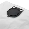 A close-up view of a white vacuum cleaner bag with a black plastic attachment. Produktbild-Vorschau