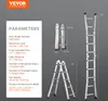 A diagram showing the parameters and different views of a VEVOR telescopic ladder. Náhľad obrázku produktu
