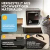 A cat next to a litter box with marketing text overlays highlighting features. Produktbild-Vorschau