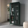 A green metal display cabinet with glass doors filled with books and decorative items, placed in a room with a plant and a pendant light. Anteprima dell’immagine prodotto