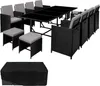 A black rattan dining set with gray cushions is displayed on a white background. The set includes a large rectangular table and multiple chairs and stools. Náhled obrázku produktu