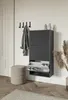 A modern entryway with a wall-mounted shoe cabinet, coat hooks, and a stool. Produktbild-Vorschau