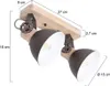 A product shot of a wooden ceiling lamp with two adjustable spotlights, with dimensions indicated by measurement lines and text. Anteprima dell’immagine prodotto