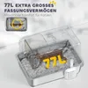 A cat litter box with a lid and a cat inside, along with a scoop. Text highlights its large capacity. Produktbild-Vorschau