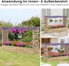 Collage of images showing a wooden raised garden bed with plants and flowers, displayed in different settings like a garden, balcony, and terrace. Produktbild-Vorschau