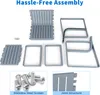 The image shows the disassembled parts of a garden chair set, along with screws and close-ups of specific components. Podgląd zdjęcia produktu