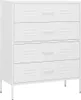 A white metal dresser with four drawers is shown against a white background. Náhľad obrázku produktu