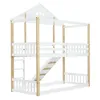 A white and wood bunk bed with a house-like roof structure, shown from the front. Produktbild-Vorschau