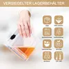 A hand is holding a clear plastic container filled with orange liquid, demonstrating its use. The background is a light-colored surface with a graphic overlay on the right side. Produktbild-Vorschau