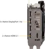 Side view of a graphics card with connection ports labeled. Produktbild-Vorschau