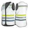 Two views of a white safety vest with reflective stripes. Produktbild-Vorschau