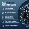 A marketing image showcasing the features of a LED string light product. Produktbild-Vorschau
