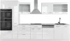 A white, high-gloss kitchen unit with appliances, including ovens, a range hood, and a sink. Náhled obrázku produktu