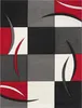 A close-up, top-down view of a rug with a checkered pattern and abstract curved shapes. Produktbild-Vorschau