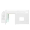 A white loft bed with stairs and a window. Voir les images du produit