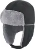 A black trapper hat with grey faux fur lining, shown against a white background.