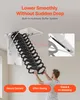 A man is shown using a retractable attic ladder that is being lowered from the ceiling. The ladder has a scissor-like mechanism and a hydraulic buffer system is highlighted. Podgląd zdjęcia produktu