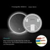 A round LED mirror is shown with its back and dimensions, along with a note about installation and a close-up of electrical wires. Voir les images du produit