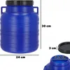 A blue plastic barrel with a black lid, shown with dimensions indicated by text overlays. Podgląd zdjęcia produktu