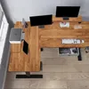 An overhead view of a wooden L-shaped standing desk with two monitors, a keyboard, mouse, printer, and a tablet. Voir les images du produit