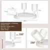 A product image showing a white ceiling light with dimensions and adjustable angles. Produktbild-Vorschau
