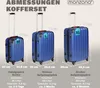 A size chart showing three blue suitcases of different sizes with dimensions and volume information. Produktbild-Vorschau