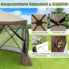 Collage of images showing details of a pop-up gazebo, including its structure, corners, and tie-down features, set against a grassy outdoor background. Podgląd zdjęcia produktu