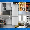 A collage of four images showing different rooms and settings, including a kitchen, pantry, workshop, and living area, with a refrigerator as a central element. Produktbild-Vorschau
