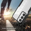 A phone case is shown in a dynamic scene, with a blurred figure running in the background and the case appearing to be dropped onto a rough surface. Produktbild-Vorschau